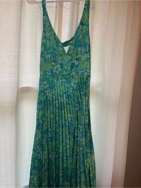 Hello Molly Green & Blue Floral Pleated Midi Dress